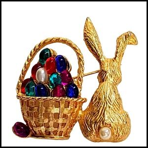 Vintage Pell Mary Beth Burchardt Easter Egg Basket Bunny Faux Pearl Cabochon Pin